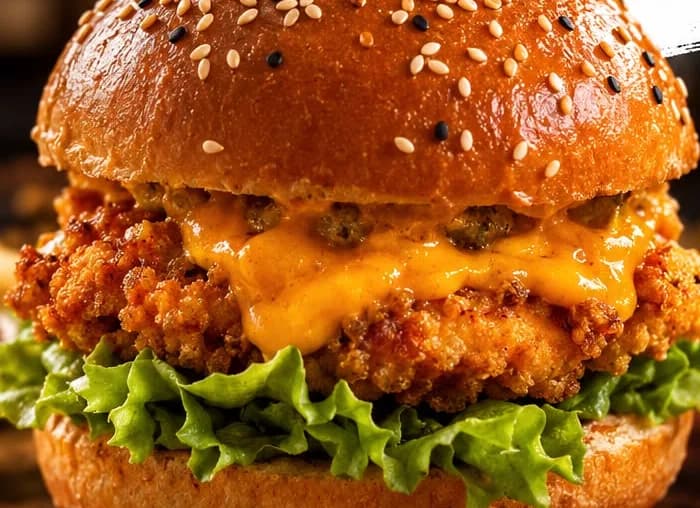 Crispy Chicken Burger mit Käsesauce und Salat