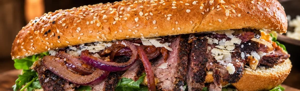 Roastbeef Burger mit karamellisierten Zwiebeln und Parmesan