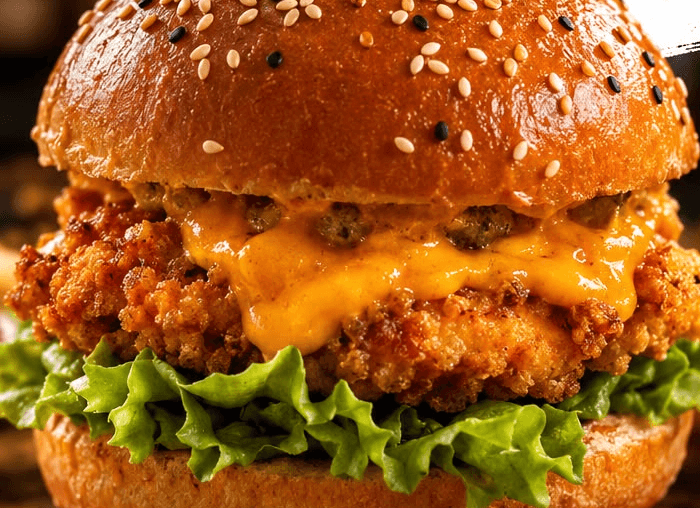 Crispy Chicken Burger mit Käsesauce und Salat im Sesam-Bun